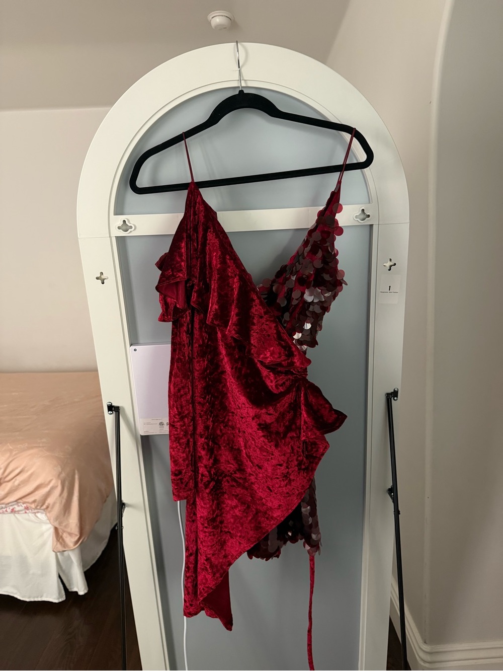 June Eleven Red Velvet & Sequin One Shoulder Asymmetrical Mini Dress | US 2